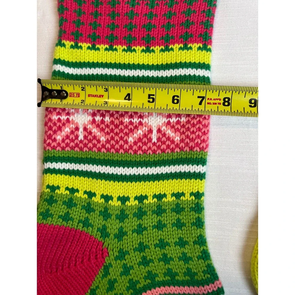 Set of 2 Colorful Knit Christmas Stockings Snowflake Stripes Pink Blue Green